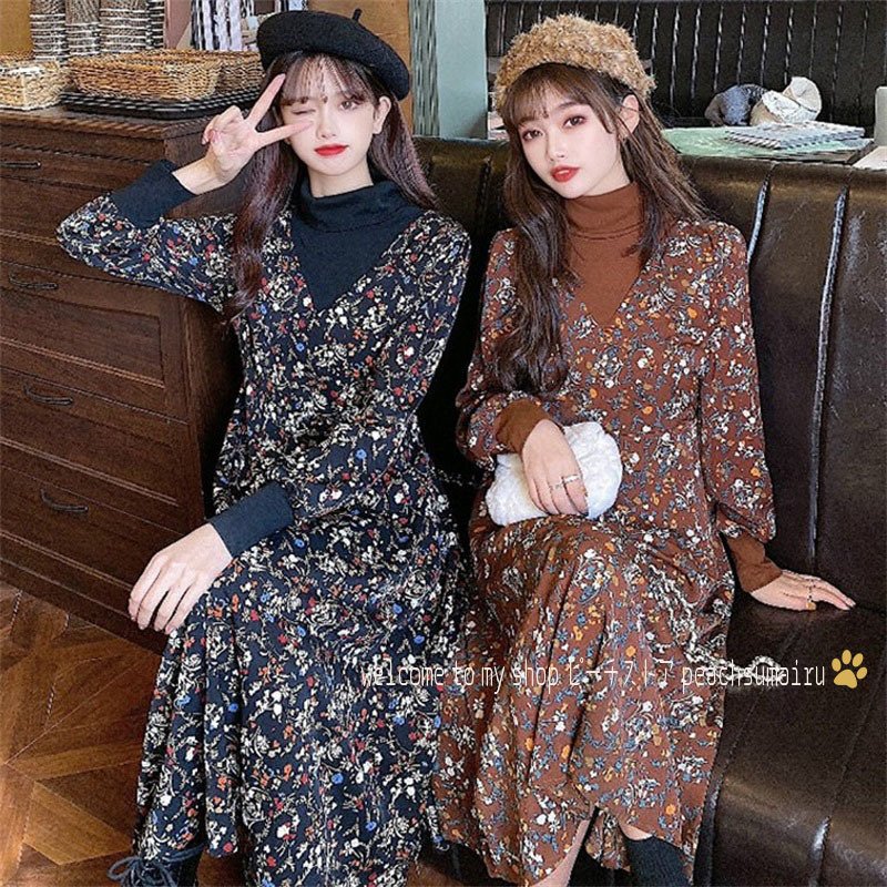 Minana マキシワンピース レディース 40代ワンピース 秋冬 長袖ワンピース きれいめ 花柄ワンピース 厚手 フレアスカート オシャレ 通勤 結婚式 お出かけ 大人 30代