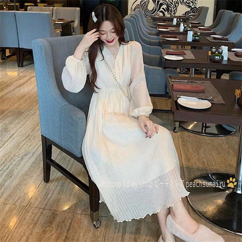 Minana ワンピース レディース 40代 マキシワンピース 春夏秋 長袖ワンピース きれいめ 白シフォン Vネック フレアスカート オシャレ結婚式ドレス 白 お出かけ 大人 3