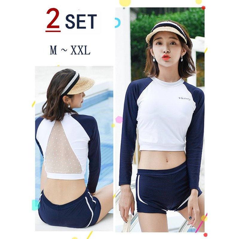 Minana 体型カバー 水着 レディース 2点セット フィットネス水着 かわいい 長袖 ショートパンツ M L Xl Xxl 30代 40代 50代 60代 露出控えめ 日焼け対策 お腹