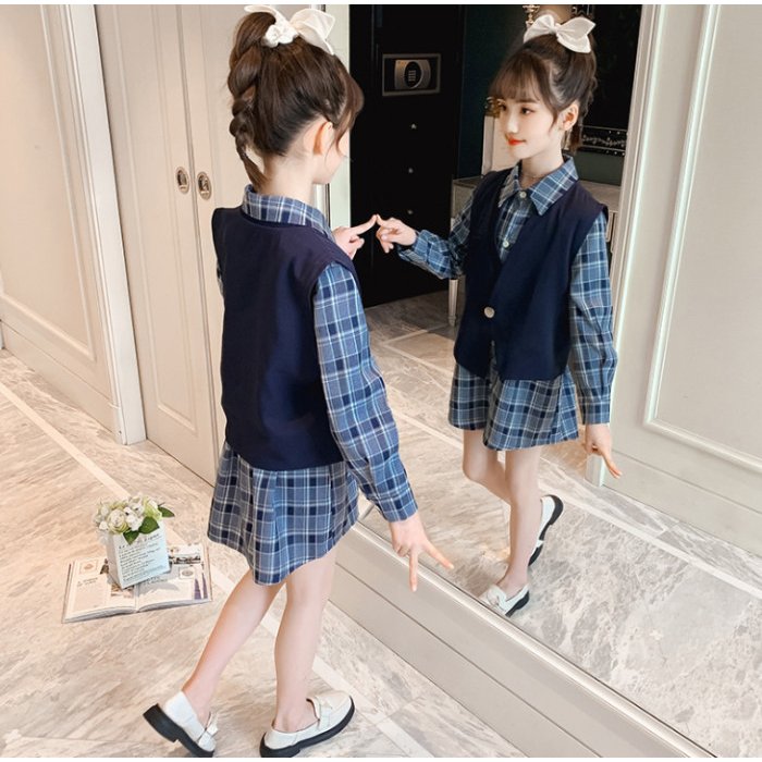 Minana 韓国子供服 2点セット オシャレ コーデ チェック柄 女の子 ベスト シャツワンピース キッズ セットアップ 入学式 卒業式 卒園式 発表会 七五三 受験用 春服 新作