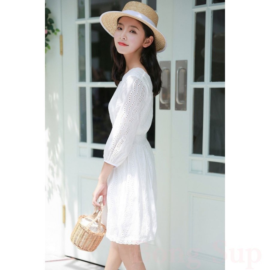 Minana ワンピース レディース 白 ワンピース キレイめ 膝丈ワンピース 春夏 長袖ワンピース レース Vネックワンピース オシャレ 上品 着痩せ 新作