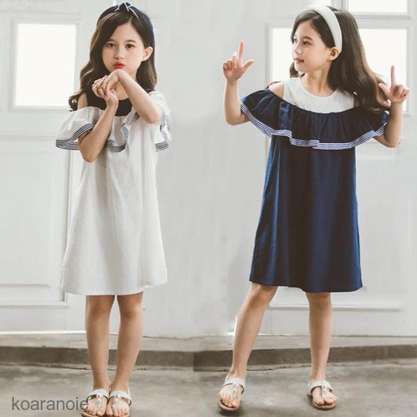 Minana 親子服 子供服 ワンピース 春夏 女の子 キッズワンピース 半袖 肩出し 無地 チュニック ジュニア おしゃれ カジュアル お姫様 可愛い 通学着 新品 150 160