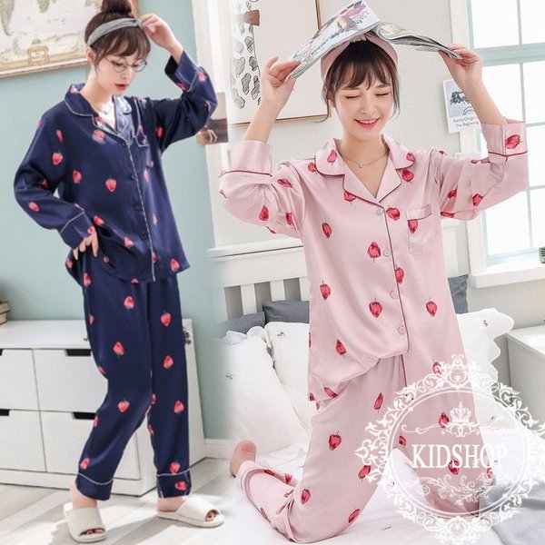 Minana パジャマ ルームウェア レディース 春夏用 前開き パジャマ 長袖 フェイクシルク パジャマ ルームウェア 上下セット イチゴ柄 可愛い 韓国風 部屋着 2色