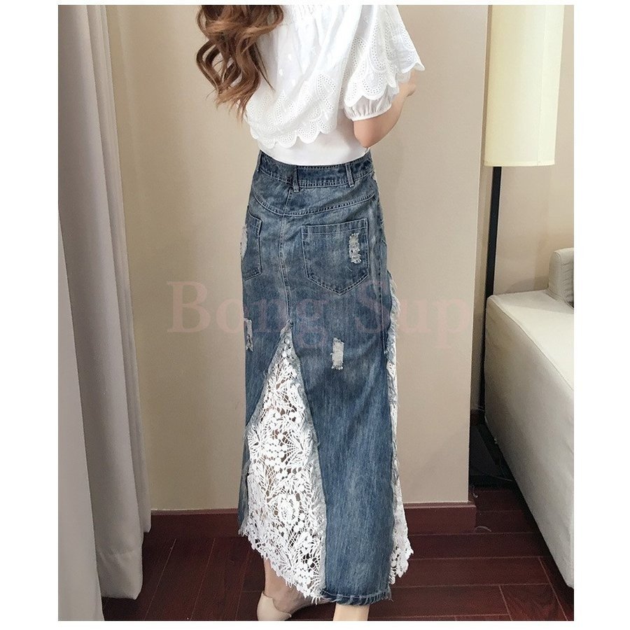 Minana セットアップ レディース 春夏 2点セット ボートネック 白 ブラウス トップス ピンク レース デニムスカート ロング丈 上下セット 女性 着やせ 通勤