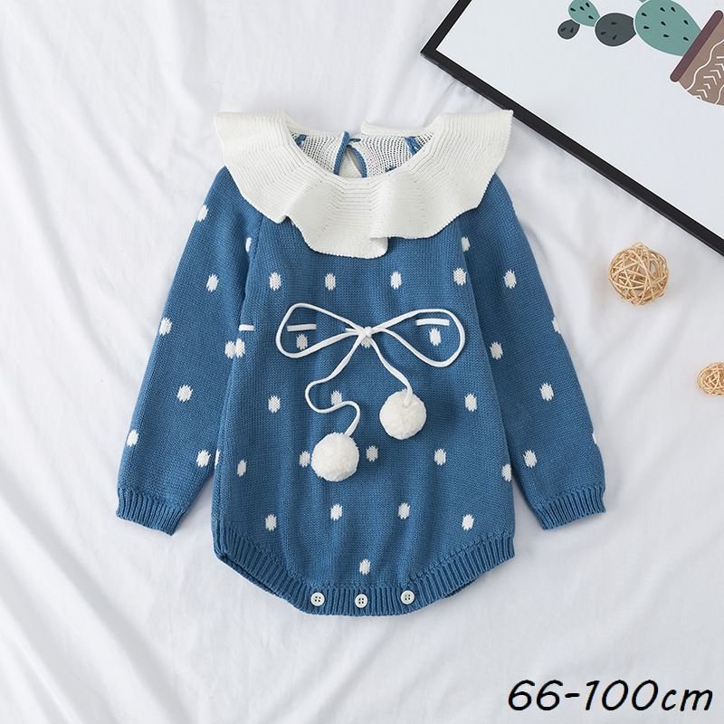 Minana ロンパース カバーオール ボディスーツ 長袖 ニット 赤ちゃん キッズ ベビーウェア 子供服 つなぎ ラッフルカラー 水玉 ツナギ オールインワン ラ