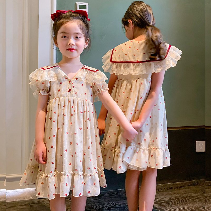 Minana ワンピース キッズ 半袖 子供服 女の子ハート柄 春夏 キッズワンピース シフォンチュール 子供ドレス ジュニア お姫様 おしゃれ 可愛い カジュアル 新品