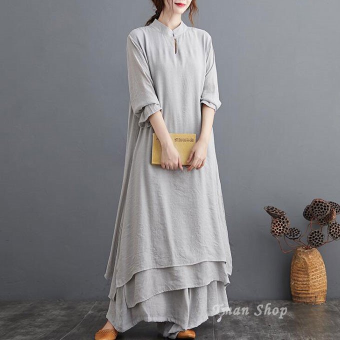 Minana セットアップ 2点セット レディース ワンピース ワイドパンツ 綿麻風ワンピース ロング丈 ワンピ セット ワイドパンツ 長袖 無地 おしゃれ 春夏 新作 送料無料