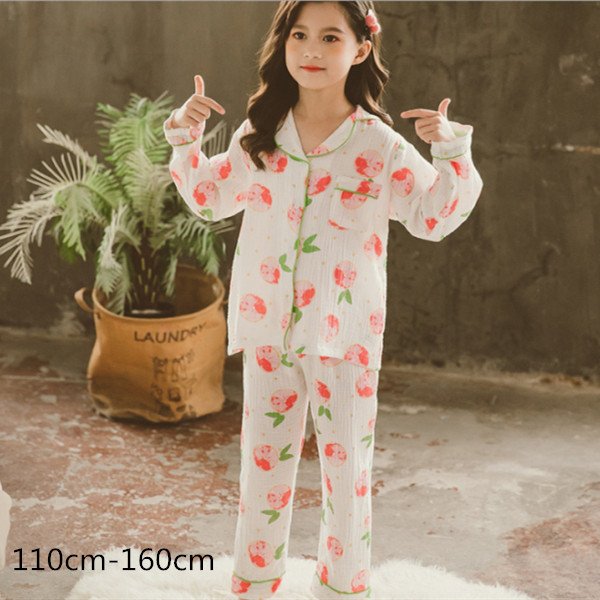 Minana キッズ パジャマ 春秋 お洒落 綿 女の子 上下セット 前開き 長袖 長ズボン ２点セット 子供 パジャマ 可愛い 部屋着 スウィート 姫系 寝巻き ルームウェア