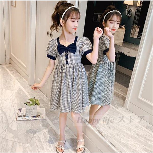 Minana 21新作子供服 ワンピース キッズ 女の子 夏服 半袖ワンピース チェック柄 蝶結び 韓国子ども服 子供ドレス お姫様 おしゃれ 可愛い カジュアル 涼しい