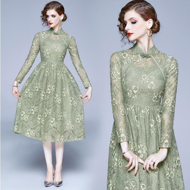Minana パーティードレス ミモレ丈 結婚式ドレス ワンピース チャイナドレス ウェディングドレス ドレス 二次会 花嫁 ブライズメイド エンパイア 緑 グリーン 短納期