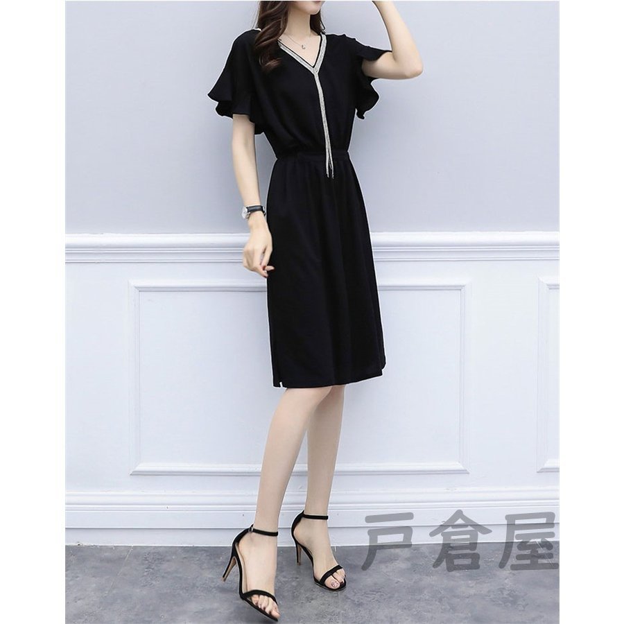 Minana ワンピース レディース きれいめ 40代 夏 膝丈ワンピース 半袖 Vネック シフォンワンピース パーティードレス 韓国風 オシャレ 通勤 大人 Ol 上品 着痩せ