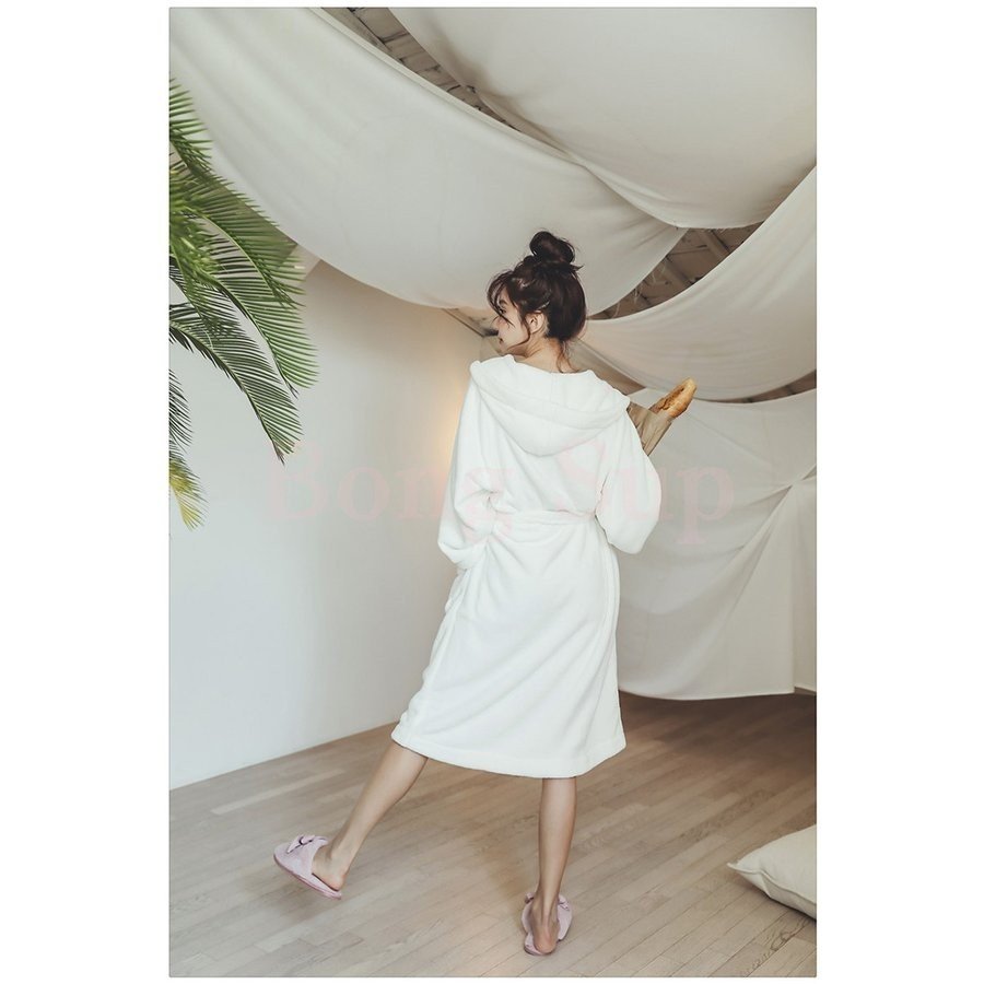 Minana バスローブ レディース 秋冬 長袖ワンピース 前開きパジャマ もこもこ バスローブ ゆったりネグリジェ フード連れ 厚手ナイトガウン 大人可愛い 暖かい