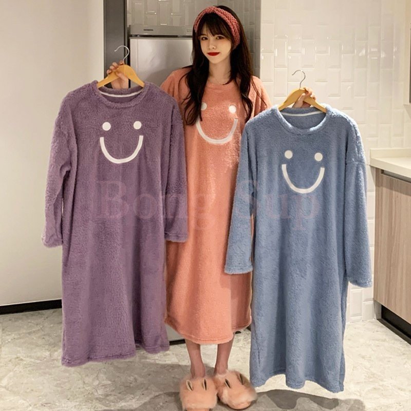 Minana ネグリジェ レディース 秋冬 長袖ワンピース 可愛い笑顔 もこもこパジャマ ゆったりネグリジェ 部屋着 ナイトロープ 暖かいルームウェア オシャレ 韓国風