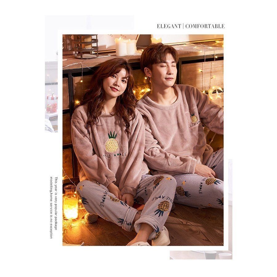 Minana カップルパジャマ ペアパジャマ 冬 裏起毛 フワモコパジャマ 部屋着 寝巻き ルームウェア モコモコ上下セット 可愛い 厚手 長袖 あったか サンゴネル ギフト