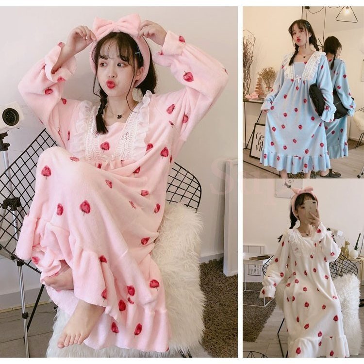 Minana レディース 暖かい モコモコ イチゴ柄 ワンピース パジャマ 姫系 レース ネグリジェ 寝巻き マキシ丈 冬用 ルーム 防寒 ガウン 部屋着 ナイトウェア