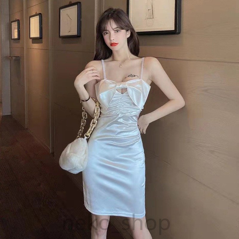 Minana ボウタイ付き ワンピース キャミ レディース パーティードレス タイトドレス ボディコン 無地 ミニ丈 シンプル 着痩せ 女性 結婚式 二次会 お出かけ ドレス