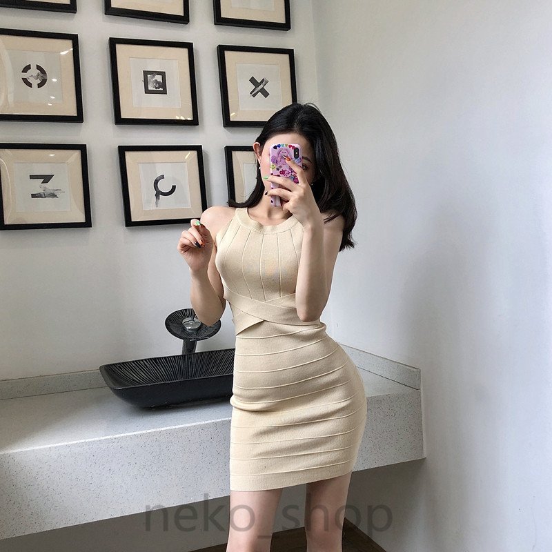 Minana セクシー ワンピース ノースリーブ ニット レディース ミニ丈 ボディコン タイトドレス シンプル スリムフィット 着痩せ おしゃれ 結婚式 二次会 お呼ばれ