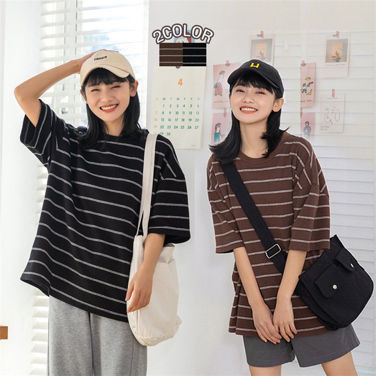 Minana Tシャツ レディース ストライプ 半袖 夏 ゆるい トップス 韓国ファッション 原宿系 Bf風 カジュアル 10代代30代40代 着痩せ Minana Tシャツ レディース ストライプ 半袖 夏 ゆるい トップス 韓国ファッション 原宿系 Bf風 カジュアル 10代代30代40代 着痩せ