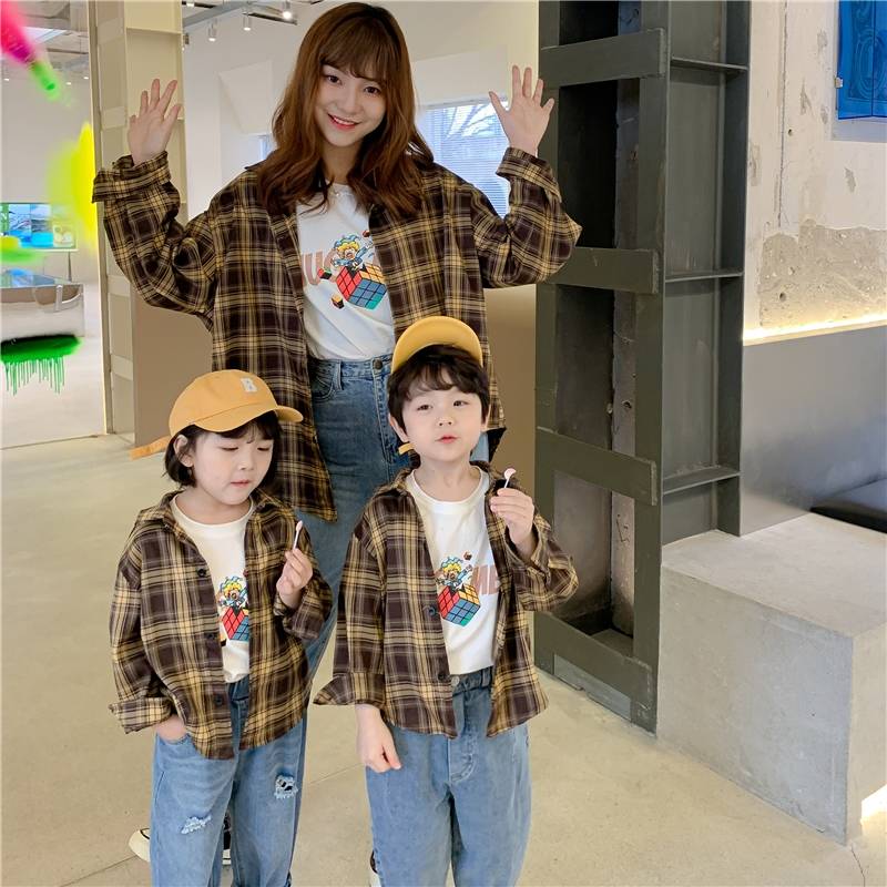 Minana 親子ペアルック リンクコーデ お揃い 親子コーデ チェック柄 男の子 女の子 レディース メンズ パパ まま 子供服 シャツ 家族 プレゼント コットン 撮影 誕生日