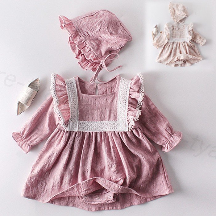 Minana ベビー服 新生児ワンピース 可愛い 子ども服 赤ちゃん 春秋服 カバーオール 66 73 80 90cm 女の子 出産祝い ピンクおしゃれ プレゼント 長袖 お出かけ レース