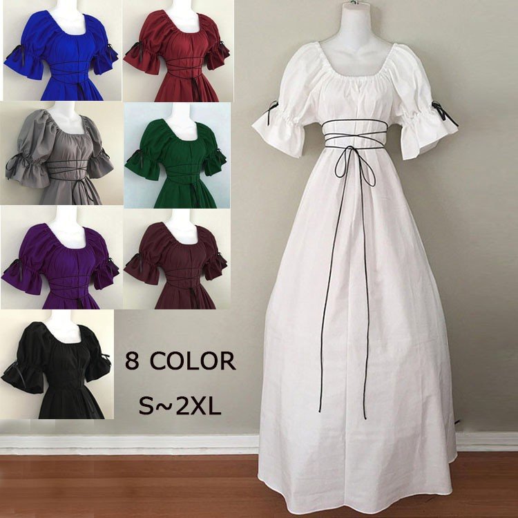 Minana ヨーロッパ中世 宮廷ドレス 半袖 演劇 無地 ワンピース ステージ衣装 ルネサンス クトリア 学園祭 文化祭 舞踏会 ハロウィン 大きいサイズあり