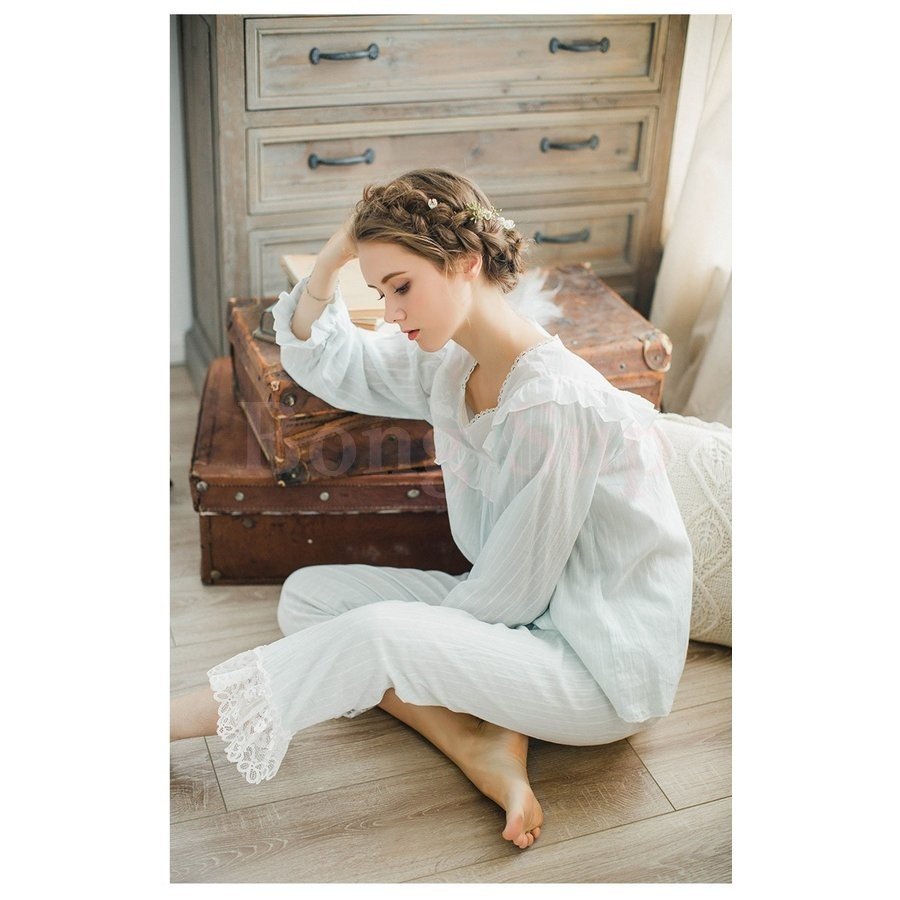 Minana パジャマ ルームウエア レディース 春秋 長袖 綿 ボーダー パジャマ ルームウエア 大きいサイズ ２色 寝間着 婦人服 女性 可愛い 大人 上品 シンプル 部屋着