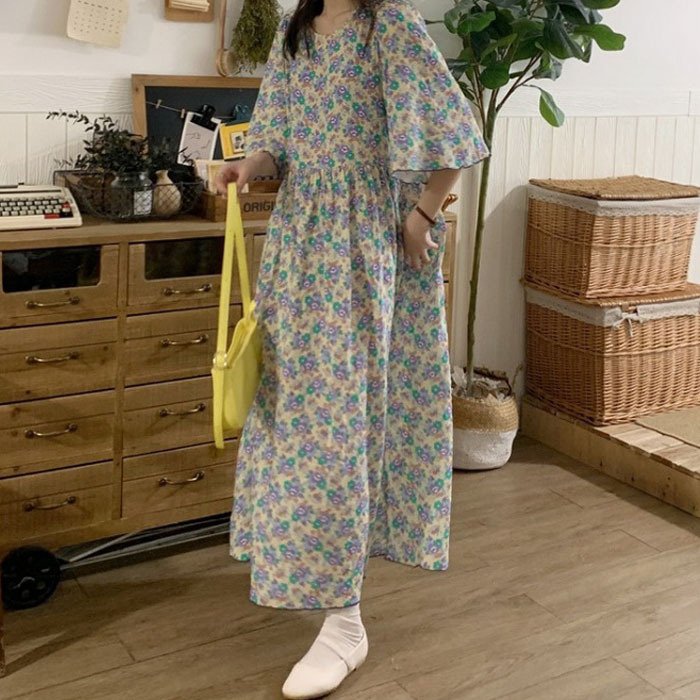 Minana ワンピース レディース 40代マキシワンピース 夏新作 五分袖ワンピース ベルスリーブ きれいめ 花柄シフォンスカート ゆったり オシャレ結婚式 お出かけ 大人