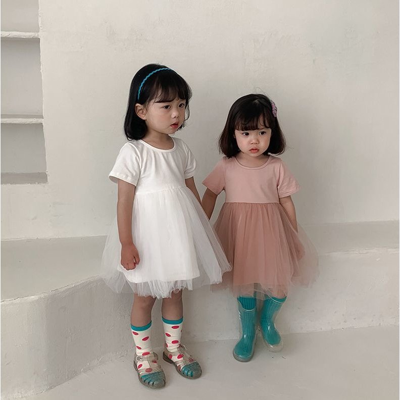 Minana チュールワンピース 子供服 キッズ ベビー 女の子 半袖 膝丈 ラウンドネック 無地 ふんわり 可愛い おしゃれ ガーリー シンプル おでかけ ウエス