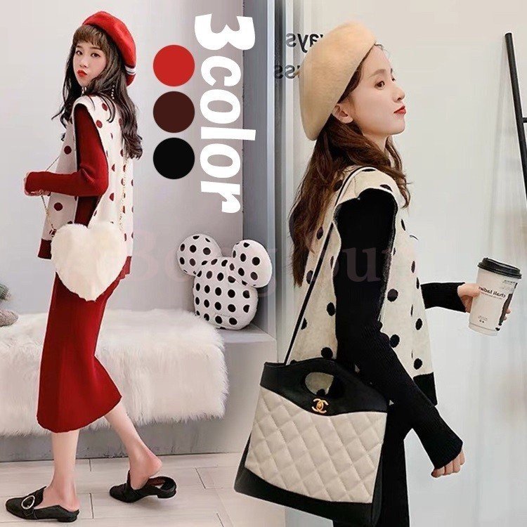 Minana セットアップ レディース 秋冬 可愛い ニット トップス ベスト ドット ニットワンピース カジュアル きれいめ 韓国風 オシャレ 2点セット クリスマス 3色