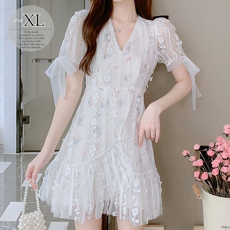 Minana ワンピース 花柄レース Vネック レース 透け感 短め ロマンティック 発表会 結婚式 イベント お出かけファッション デート パーティーコーデ Pis81