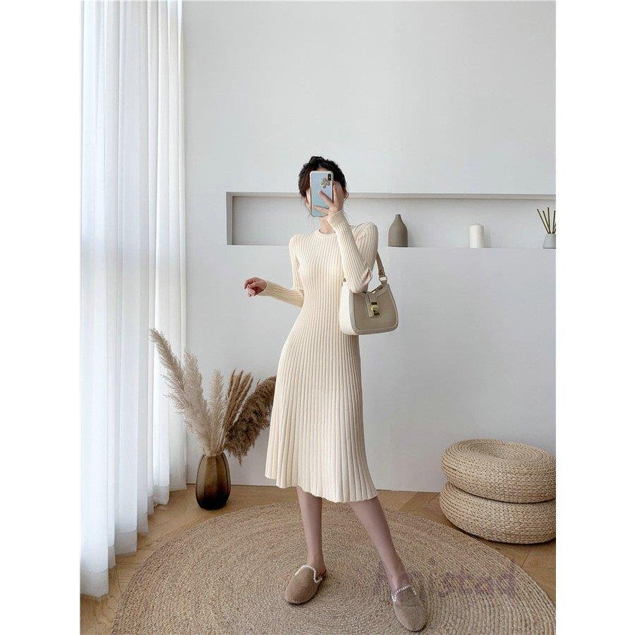 Minana ニットワンピース レディース 母の日 21 秋冬 マキシワンピース ワンピース ミモレ丈 ロング ストライプ 純色 40代50代 きれいめ タイト 通勤 3色 おしゃれ