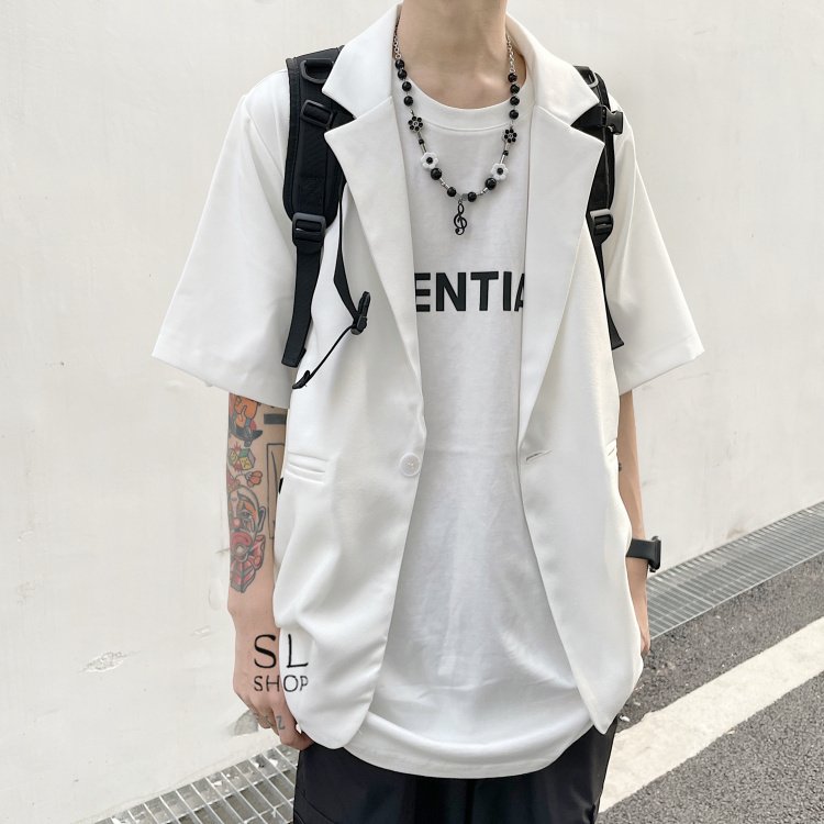 Minana テーラード レディース メンズ 半袖 ジャケット アウター 白 黒 ロング丈 カジュアル おしゃれ 男女兼用