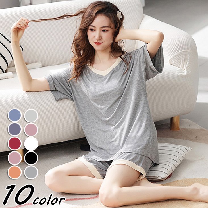 Minana パジャマ ルームウェア レディース 春夏 半袖パジャマ 綿ルームウェア 無地 Vネック ショット丈パンツ 上下セット 可愛いパジャマ 部屋着 寝間きゆったり 快適