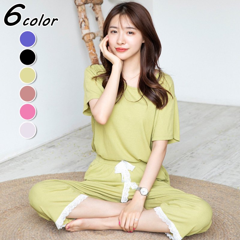 Minana パジャマ ルームウェア レディース 春夏 半袖パジャマ 綿ルームウェア 無地 レース裾 七分丈パンツ 上下セット 可愛いパジャマ 女性 部屋着 寝間きゆったり