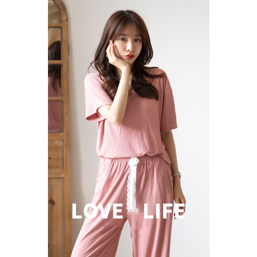 Minana パジャマ ルームウェア レディース 春夏 半袖パジャマ 綿ルームウェア 無地 レース裾 七分丈パンツ 上下セット 可愛いパジャマ 女性 部屋着 寝間きゆったり