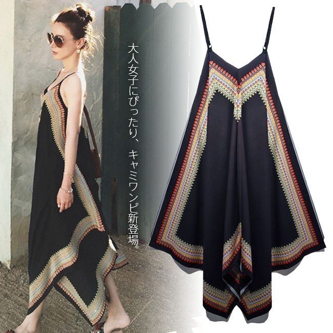 Minana キャミワンピ レディース ノースリーブ マキシ丈 Vネック アシンメトリー エスニック柄 ワンピース オールインワン ゆったり オシャレ 春 夏