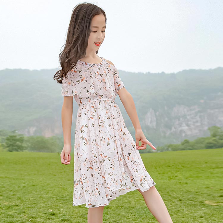 Minana ワンピース 花柄 半袖 キッズワンピース 女の子 子供服 夏物 ロング丈 シフォン 子供ドレス ジュニア お洒落 カジュアル 可愛い 春夏 キレイめ