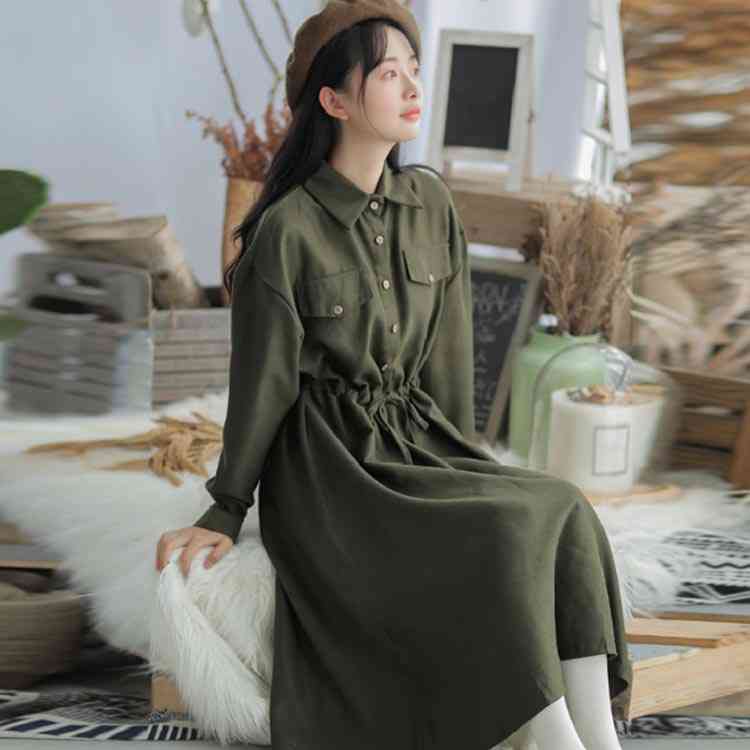 Minana 全4カラー 春 ワンピース シャツワンピース ミディアム丈 ロング丈 コットンワンピース 長袖 春ワンピース 秋ワンピース 膝下丈 コットン 無地 通勤 通学 大人 可愛い