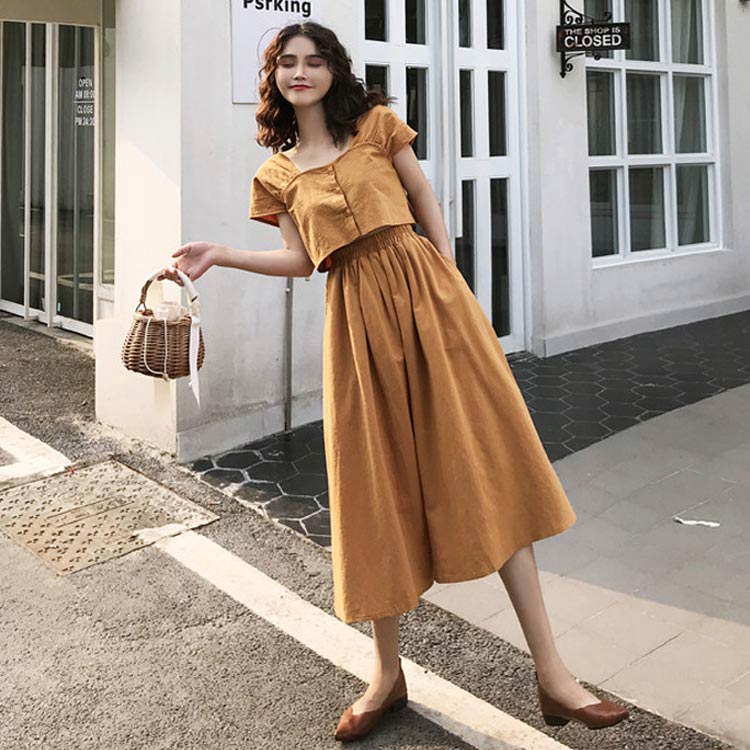 Minana セットアップ ワンピース オールインワン ショートトップス ノースリーブ ロングスカート Aライン スカート ミモレ丈 無地 おしゃれ へそ出し ブラウス