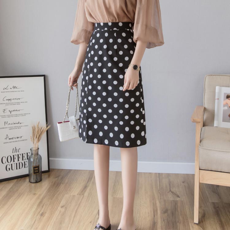 Minana ドット柄スカート ハイウエスト タイトスカート スカート ドット柄 水玉柄 膝丈スカート タイト 通勤 Aライン 春夏 大人上品