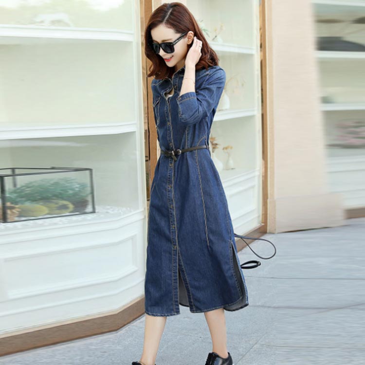 Minana 春秋にピッタリの薄手生地 デニムロングワンピース 春ワンピース 春 デニムワンピース ロング丈 デニムシャツワンピース 長袖 スリット入り 前開き Hライン 大人カジュアル 通勤 春夏