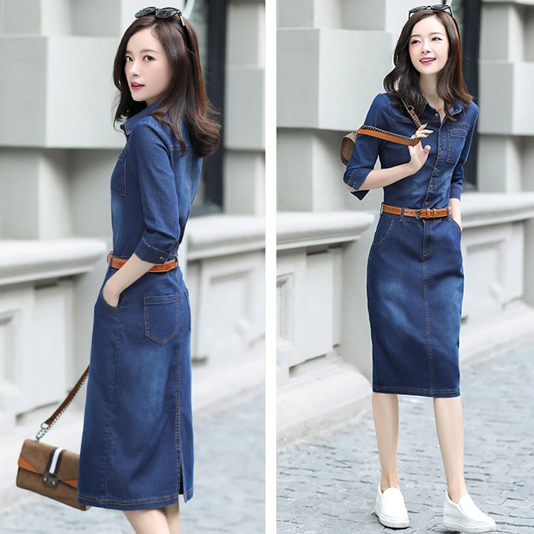 Minana S 3xlサイズ 七分袖デニムワンピース デニムタイトワンピース デニムワンピース 7分袖 デニム タイトワンピース ワンピース ミディアム丈 Hライン 通勤 上品 春 夏 秋