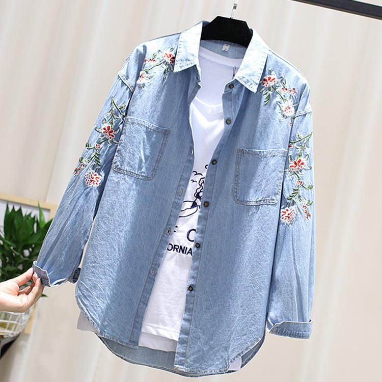 Minana さりげない花柄刺繍入り 春服 刺繍デニムシャツ レディース デニム 刺繍シャツ デニムシャツ 長袖 ウエスタンシャツ 花柄 刺繍 大人カジュアル 春 夏 秋