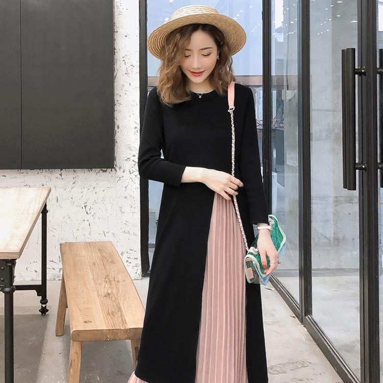 Minana マタニティ ワンピース ニット プリーツ切替 マキシ丈 長袖ワンピース 産前 産後 授乳服 授乳口付き 春新作 秋 レディース 妊娠服 マタニティウェア 体型カバー キレイめ 異素材切替 入学式 結婚式 フォーマル