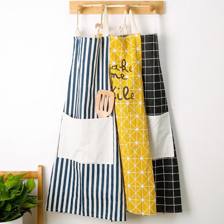 Minana エプロン 綿麻 前掛け おしゃれ 柄物 レディース メンズ 北欧 可愛い ポケット付き 保育士 ママ 家事 カフェ 喫茶店 飲食店 ストライプ エスニック柄 チェック柄 送料無料