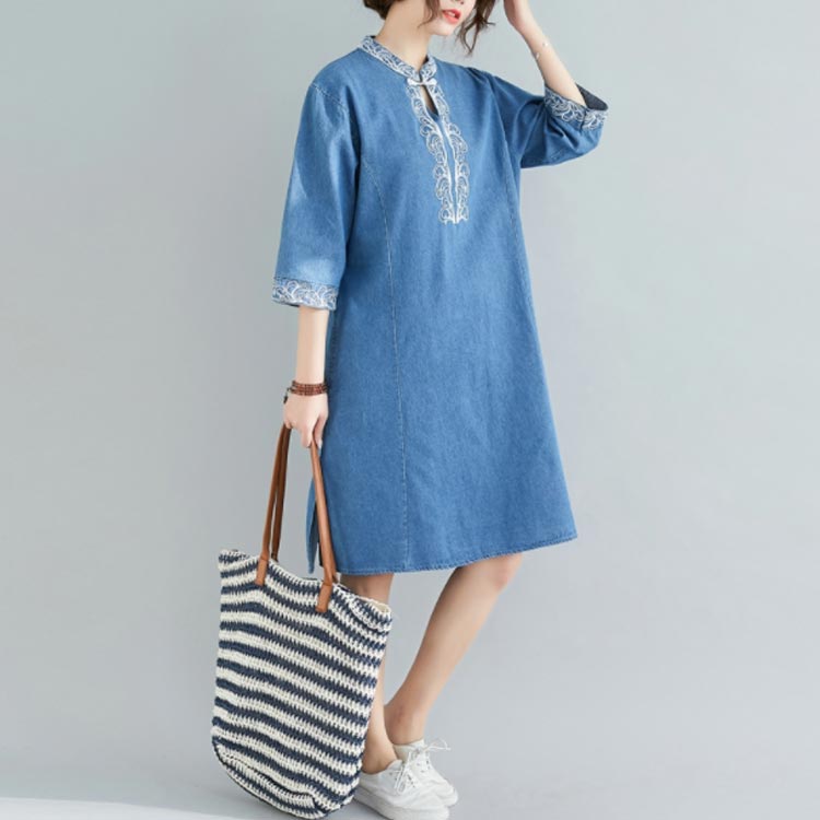 Minana エスニック風 刺繍ワンピース ワンピース デニムワンピース トレロ ワンピース 五分袖 膝丈 カジュアル チャイナボタン ゆったり おしゃれ 春夏 夏 Minana エスニック風 刺繍ワンピース ワンピース デニムワンピース トレロ ワンピース 五分袖 膝丈 カジュアル チャイナボタン ゆったり おしゃれ 春夏 夏