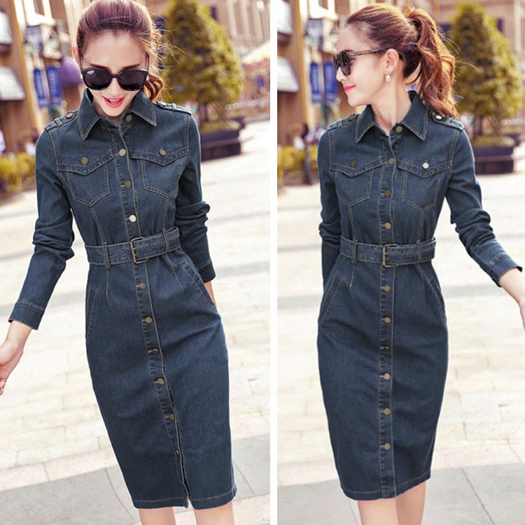 Minana デニムワンピース タイトワンピース シャツワンピース レディース ストレッチ 長袖タイトデニムワンピース デニムシャツ 膝丈 ひざ丈 ミディアム丈 デニム 春夏 秋冬 通勤 フェミニン 新作