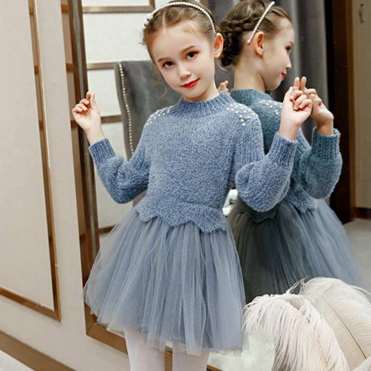 Minana ニットワンピース 女の子 ワンピース 子供服 長袖 膝丈 切り替え チュール おしゃれ キッズ服 女児 無地 可愛い 110cm 1cm 130cm 140cm 150cm 送料無料