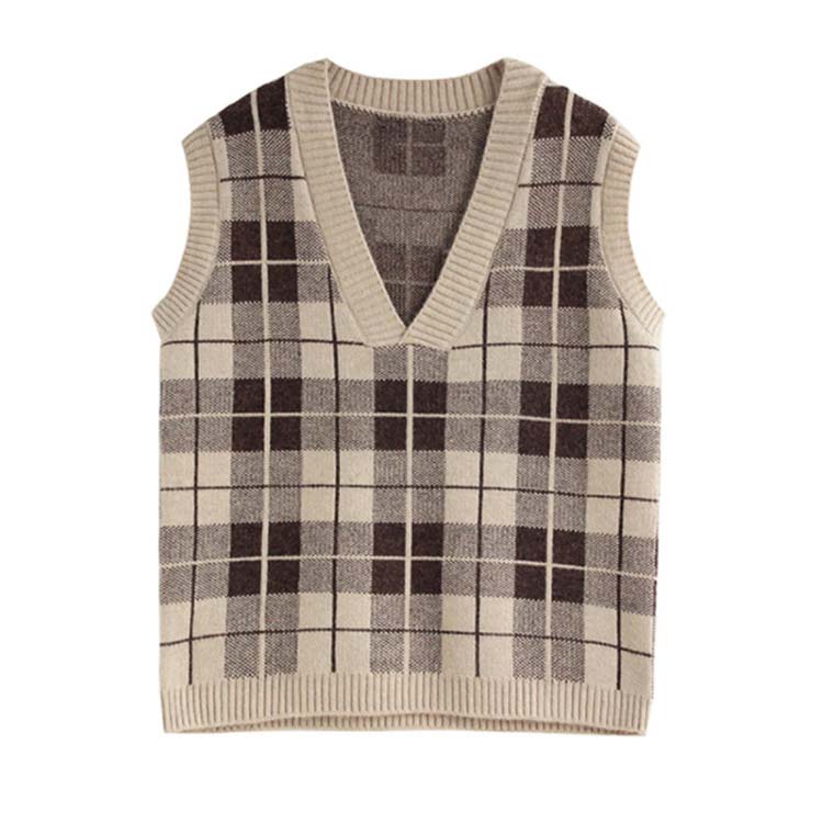 Minana ニットベスト レディース ベスト プルオーバー Vネック トップス ジレ チェック柄 女性 ニットトップス ゆったり ノースリーブ お洒落 春秋物