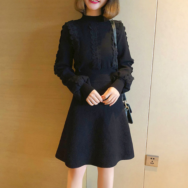 Minana ワンピース レディース パフスリーブ 膝丈ワンピース 長袖 ニットワンピース Aライン セーター 着痩せ レース 無地 可愛い キレイめ お洒落